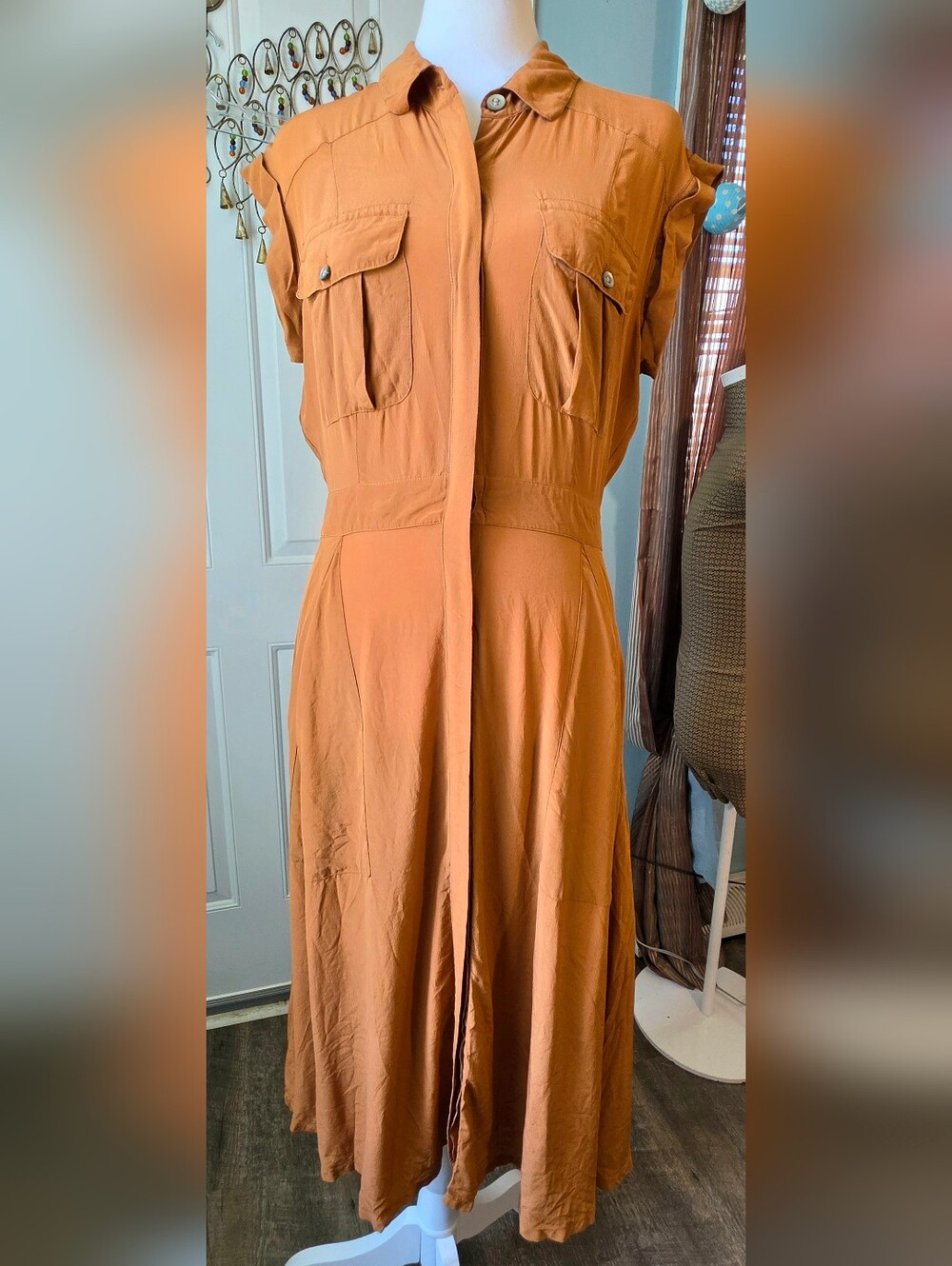 Broadway & Broome 100% Silk Safairi Shirt Midi Dress Women's 4 Terracotta Pocket - Picture 1 of 13